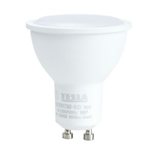 Tesla - LED žárovka GU10, 7W, 230V, 560lm, 25 000h, 3000K teplá bílá, 100st stmívatelná