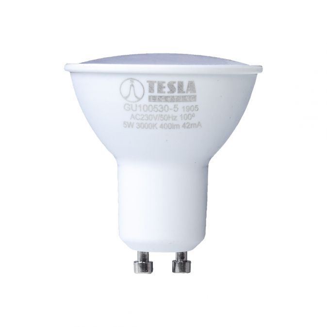 Tesla - LED žárovka GU10, 5W, 230V, 410lm, 25 000h, 3000K teplá bílá, 100st Tesla Lighting